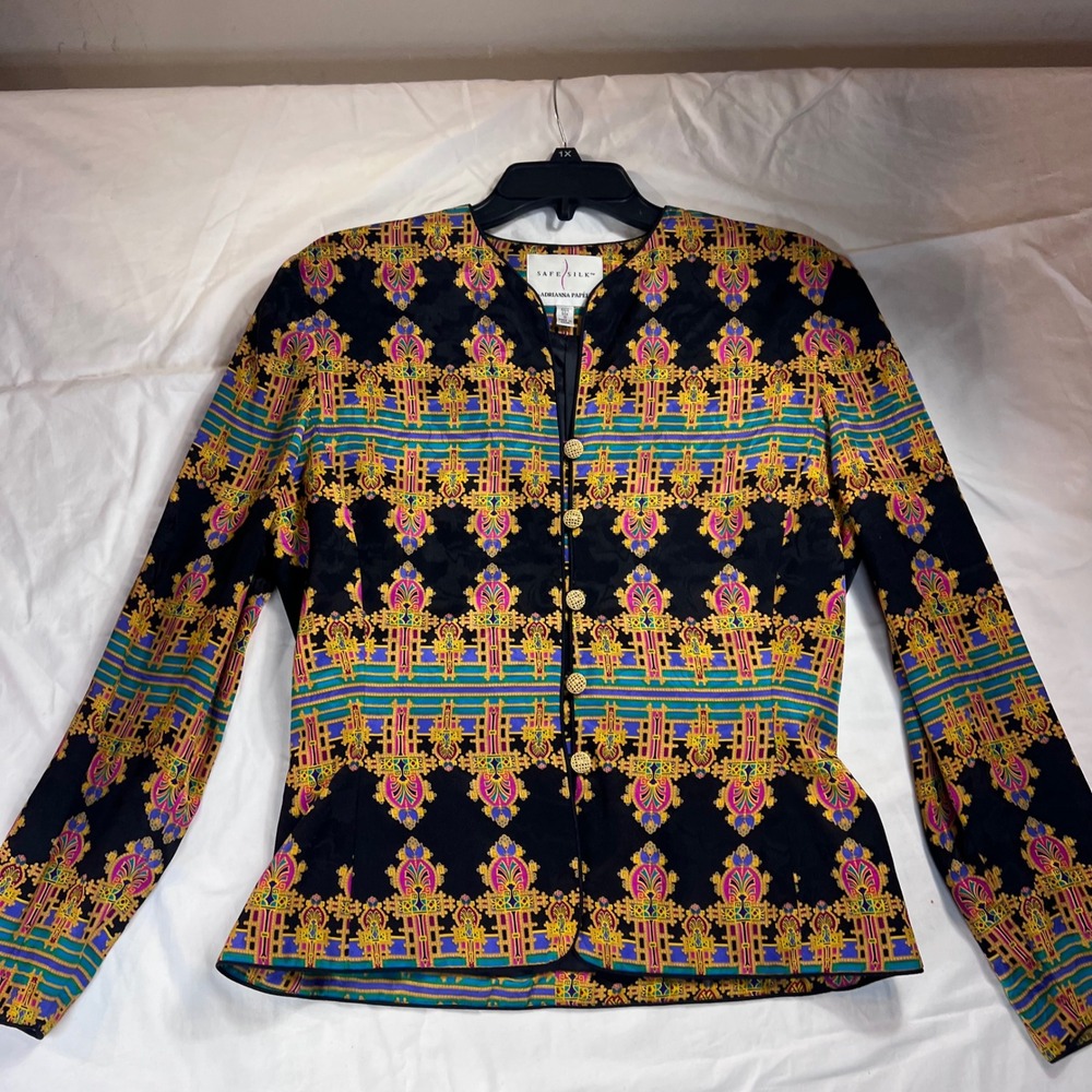 Adrianna Papell Safe Silk Blazer Jacket Multi Color Geometric Print Size 8